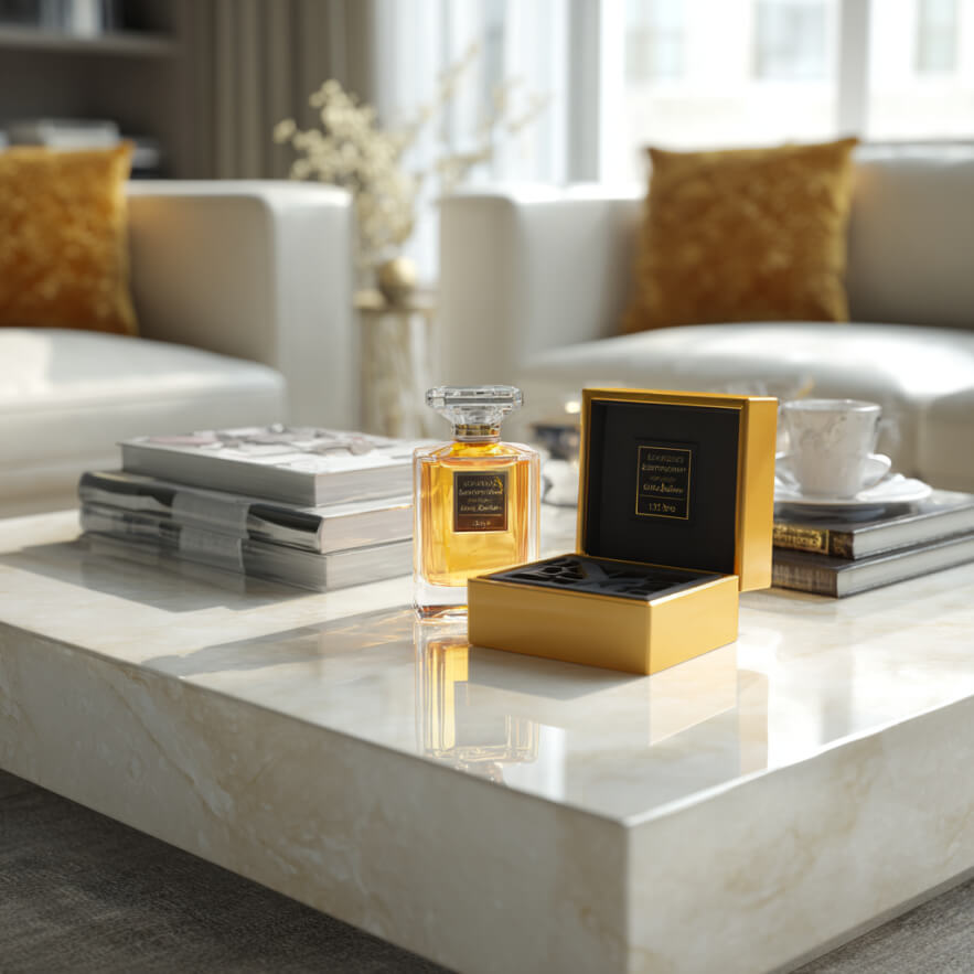 in a bright, modern living room, a box of open perfume lies on a coffee table.