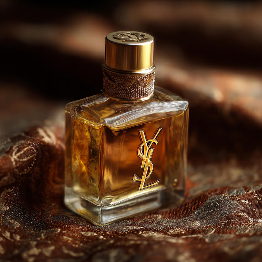 Close-up of a perfume box with a gold latch: a hand opens a dark blue case revealing a golden bottle inside, placed on a wooden surface.